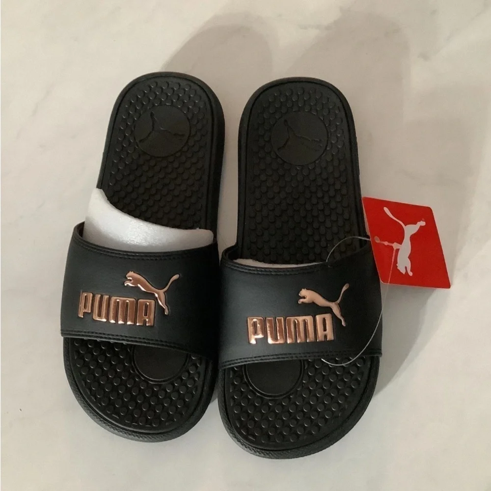 Puma Black and Gold Slide Sandals